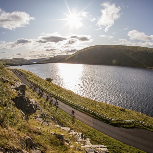 Road cyclists by Megget Reservoir in sunshine.