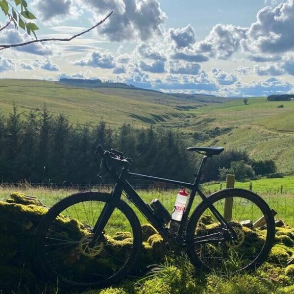 Gravel bike leaning on a stone wall.